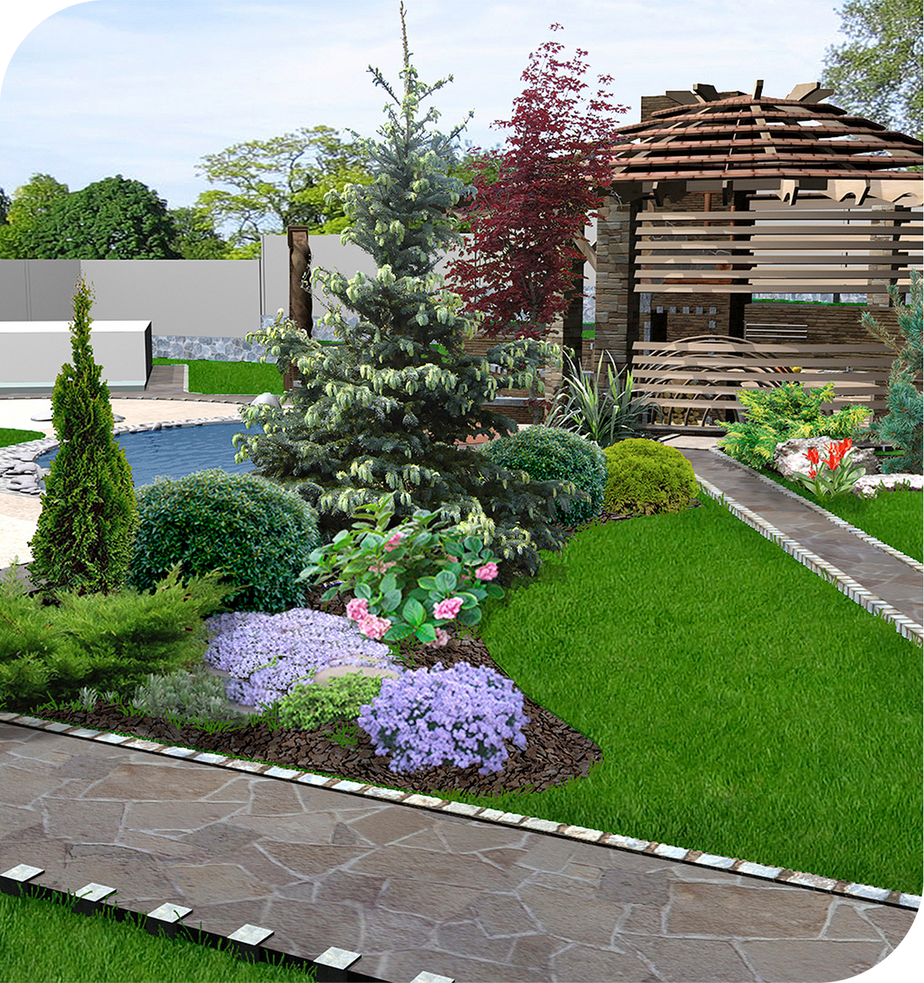 Garden with gazebo, pathway, and lush greenery.