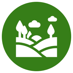 Green landscape icon with trees and clouds.