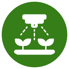Green icon with plants and sprinkler system.