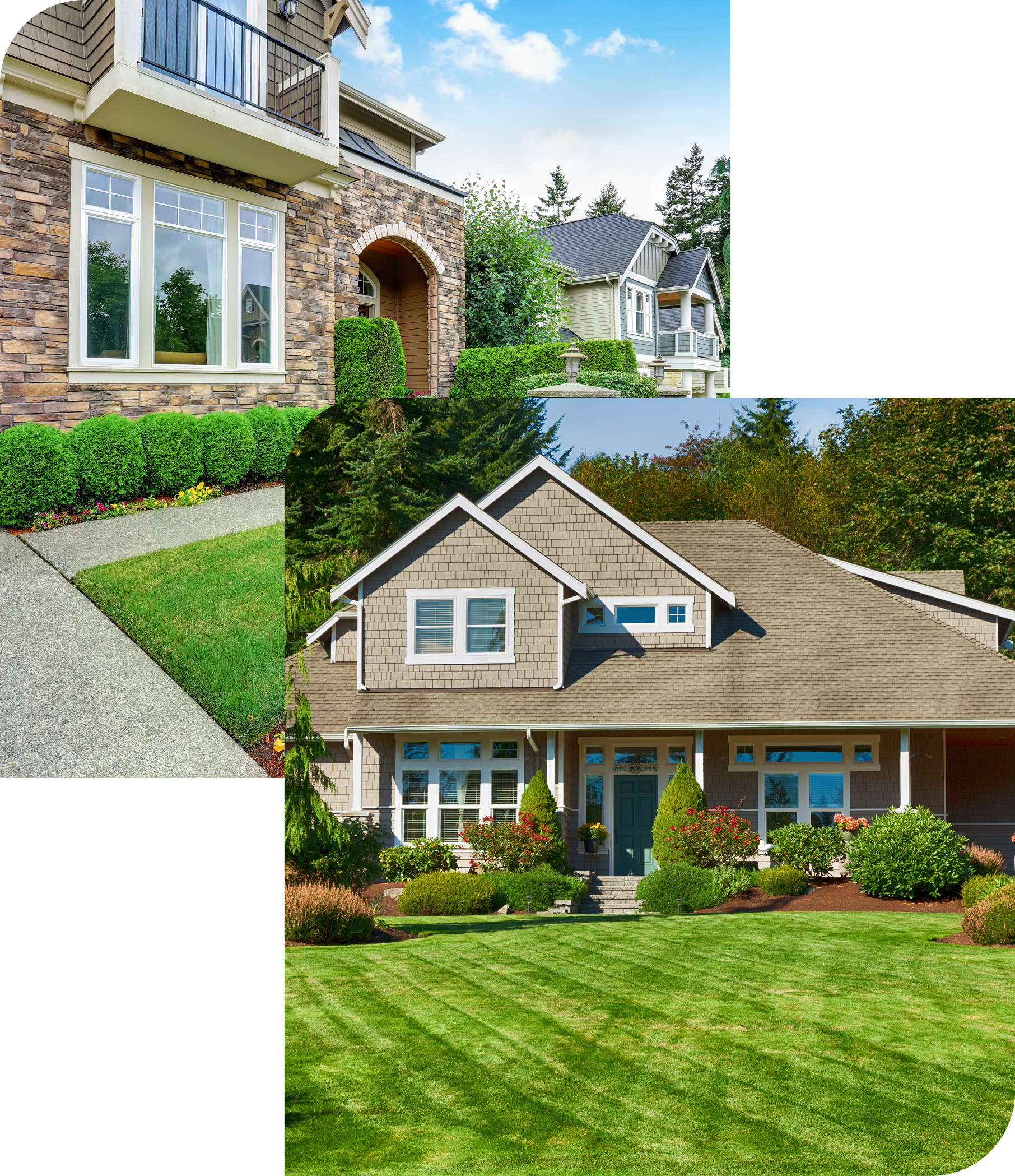 Suburban houses with lush gardens and pathways.