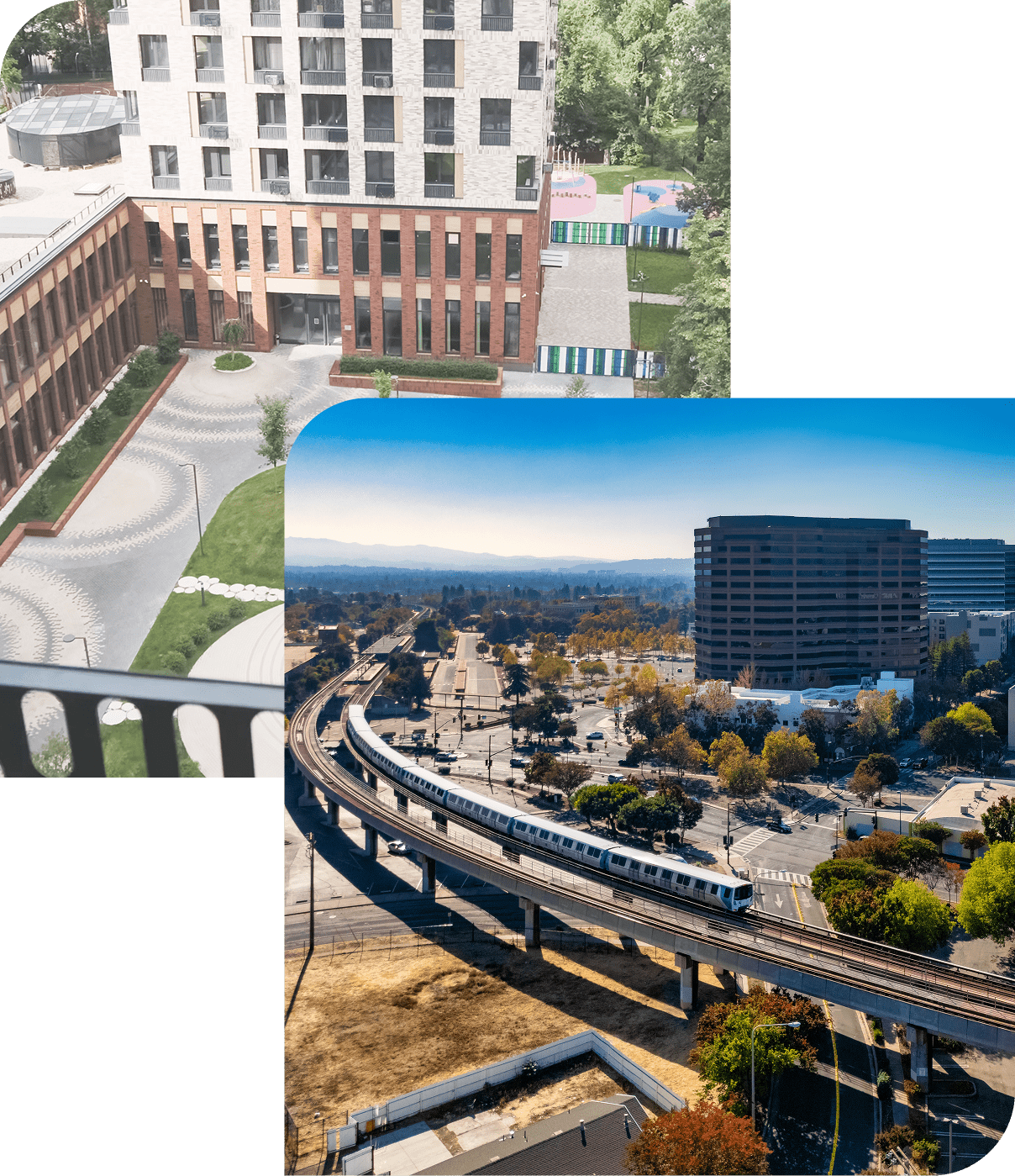 A historic building with a courtyard and a modern cityscape.