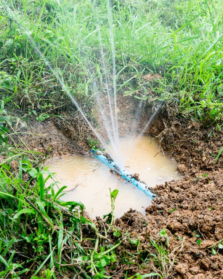 Water sprays from a broken pipe in a muddy patch of grass.