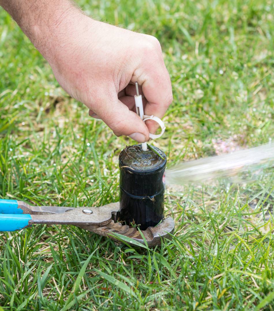 Hand lights a garden sprinkler on grassy lawn.