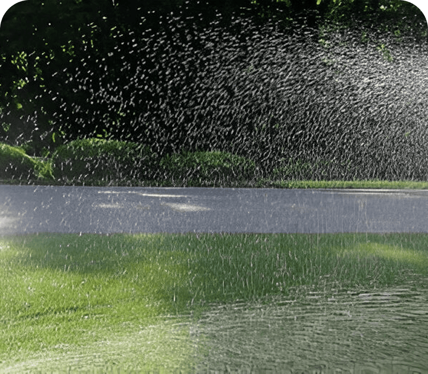 Sprinkler watering green grass in garden.